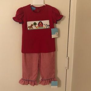 NWT girls 2T hand smocked farm themed top and pant